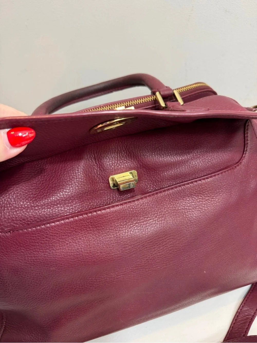 Tory Burch burgundy red Mercer Double Zip Dome Pebbled Leather Satchel/Crossbody